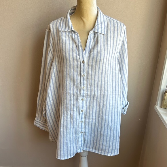 Jones New York Tops - Jones New York Women Plus sz Linen Blouse Top Rolled Cuff Sleeve Nwt Blue Stripe